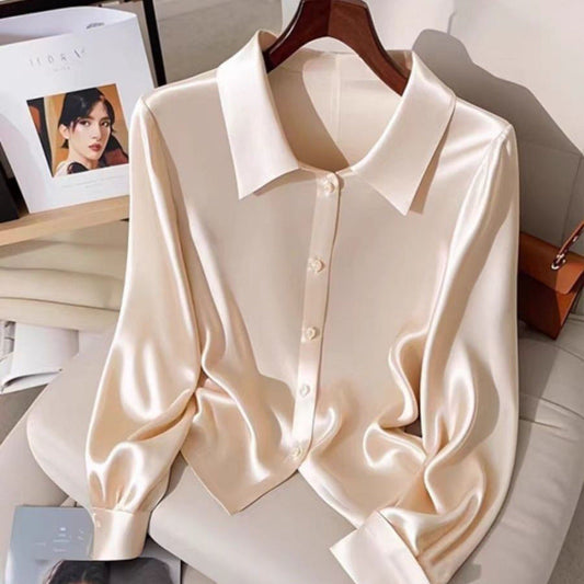Women's Long-Sleeve Shirt in White and Champagne with Regular Fit