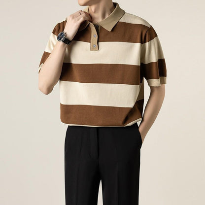 Herren Sommer Gestreiftes Kurzarm-Strickpoloshirt Slim Fit Leichtes Oberteil