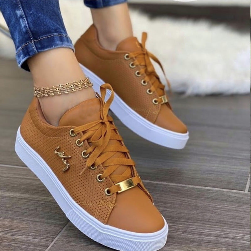 Damen Flache Schnürsneaker Atmungsaktiv Rundkappe Niedriger Schaft PU-Sohle