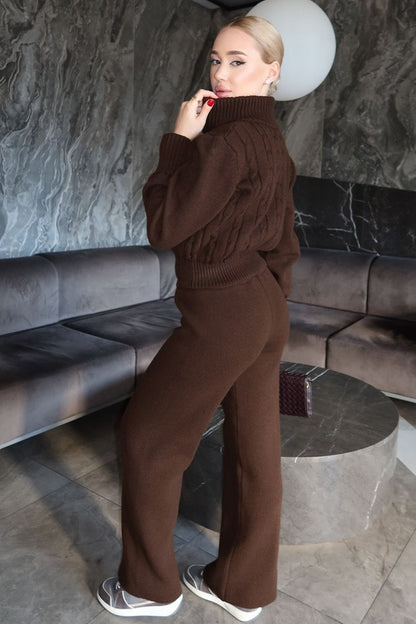 Damen-Strickset mit Zopfmuster und Reissverschluss, bestehend aus Oberteil und gerader Hose