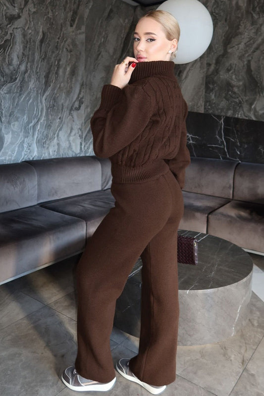 Damen-Strickset mit Zopfmuster und Reissverschluss, bestehend aus Oberteil und gerader Hose