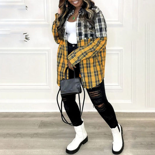 Women's Plus-Size Checked Long-Sleeve Shirt with Button Placket and Pocket