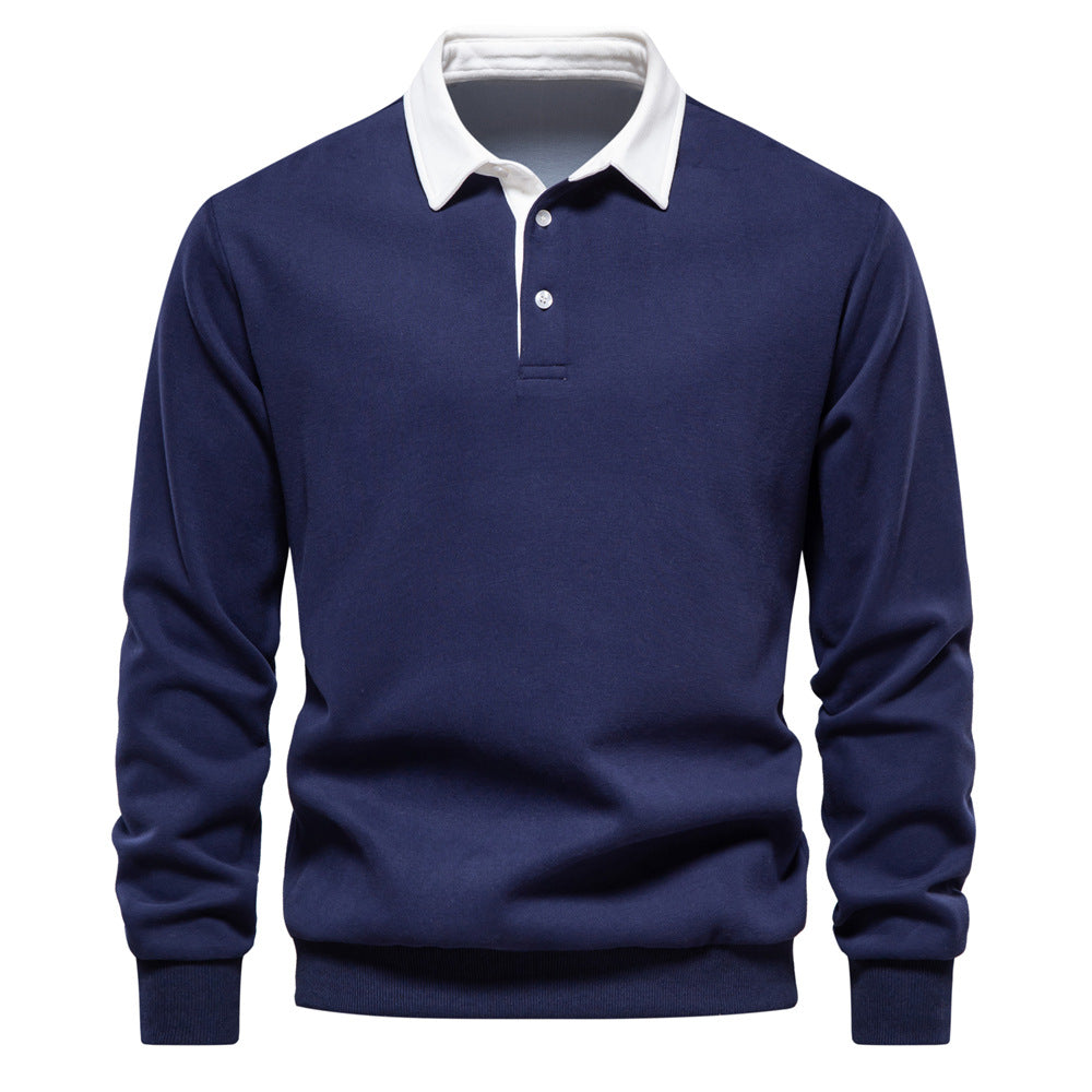 Dunkelblauer Herrenpullover mit weißem Kragen und Knopfleiste, elegantes Design, langärmlig, ideal für Business- und Freizeitkleidung.
