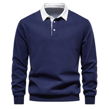 Dunkelblauer Herrenpullover mit weißem Kragen und Knopfleiste, elegantes Design, langärmlig, ideal für Business- und Freizeitkleidung.
