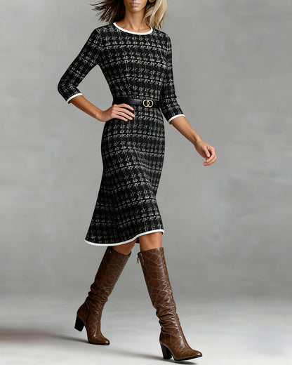 Women's Knee-Length Dress A-Line Round Neck Three-Quarter Sleeves Autumn