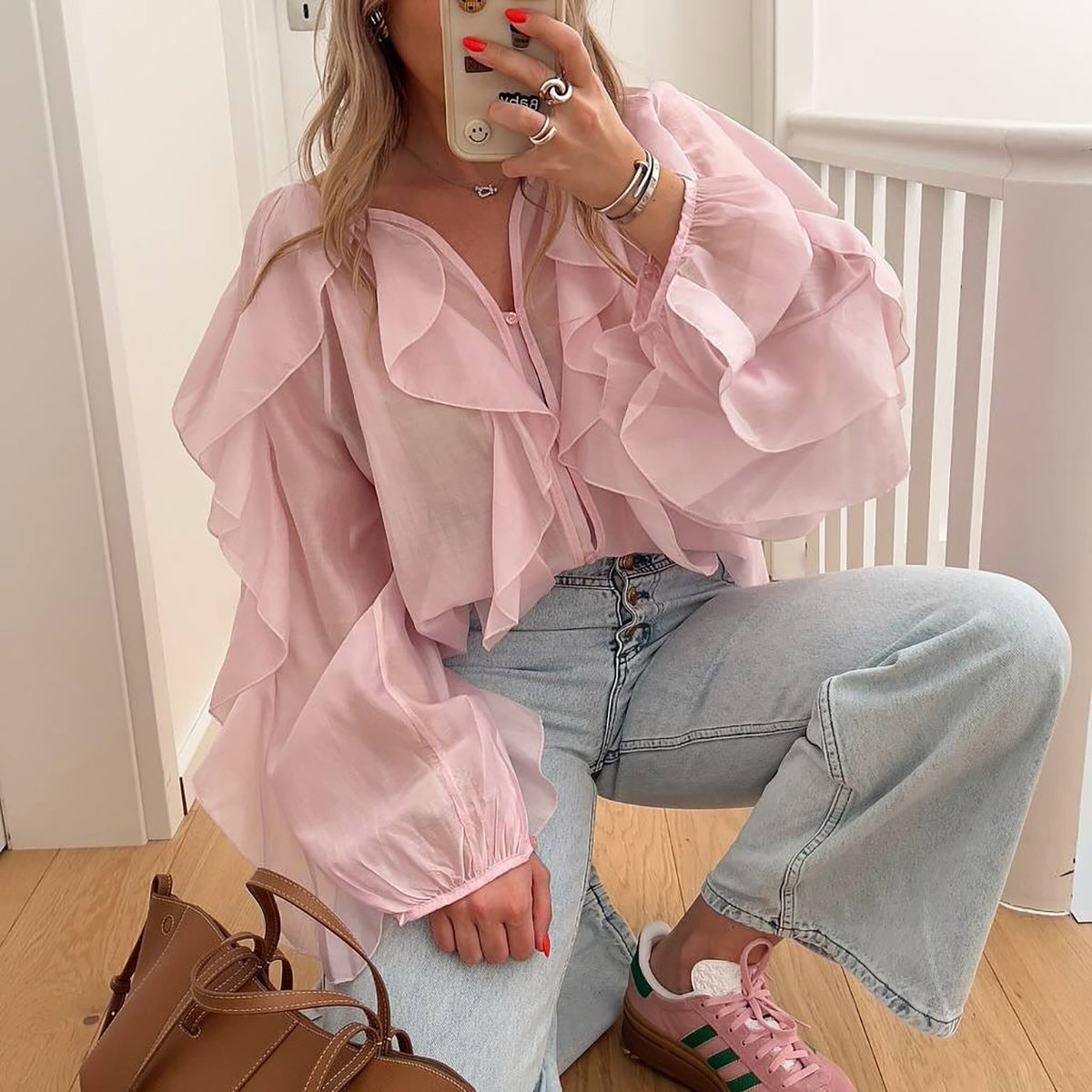 Women's Long-Sleeve Blouse with Ruffles, Loose Fit and Round Neckline