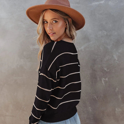 Women's sweater with stripes, round neckline, and long sleeves