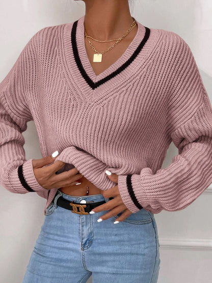Women's V-neck Sweater Long Sleeve Braided Pattern Knit Sweater