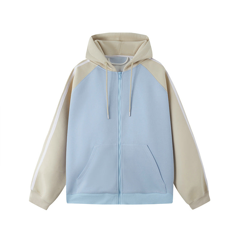 Hellblauer und beigefarbener Kapuzenpullover mit Reißverschluss, Raglanärmeln und Kängurutaschen. Modischer Hoodie für Damen und Herren.