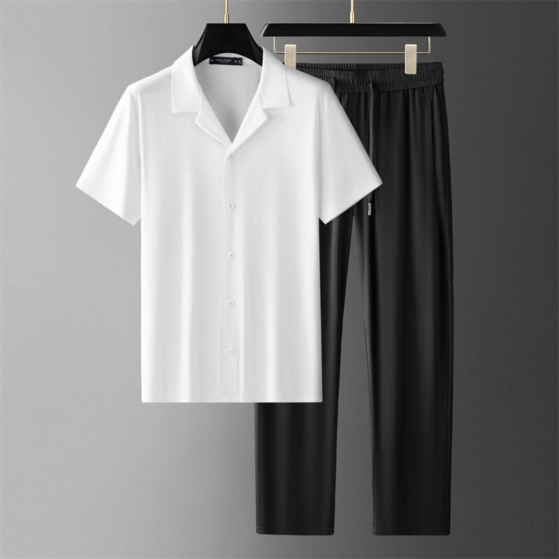 Herren Sommer-Set Aus Eisseide: Zweiteiliges Set Aus Hemd Und Hose, Kurzarm, Freizeit-Set