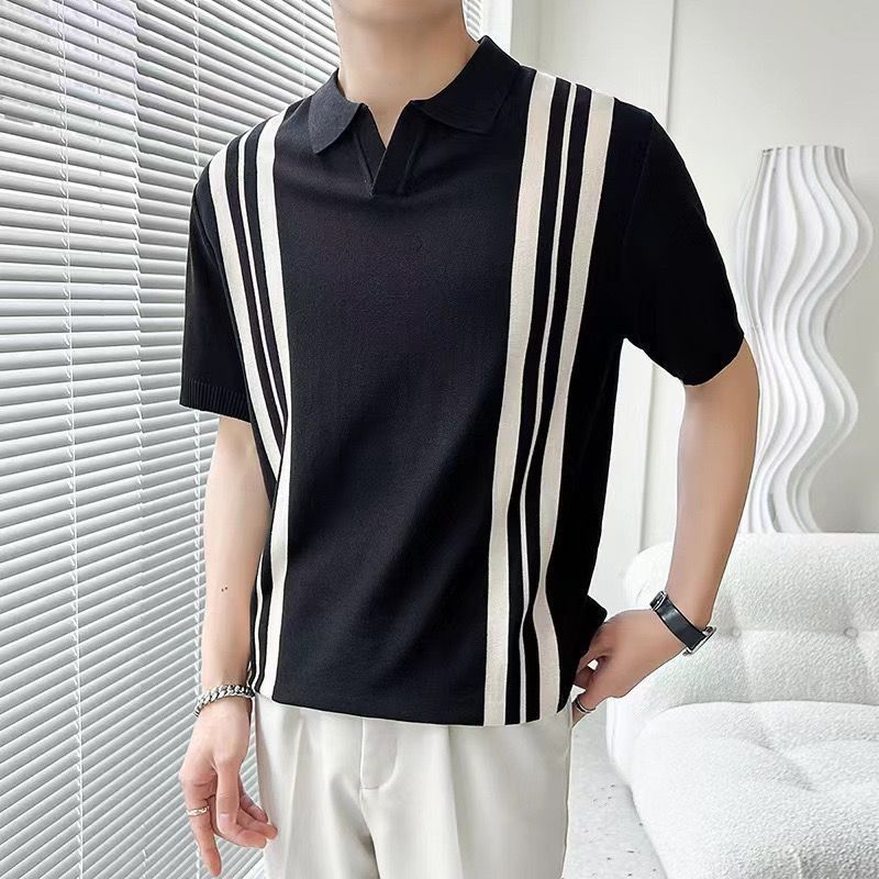 Herren Sommer T-Shirt Mit Gemischten Farben, Streifen, Halben Ärmeln, Reverskragen Und Schmaler Passform