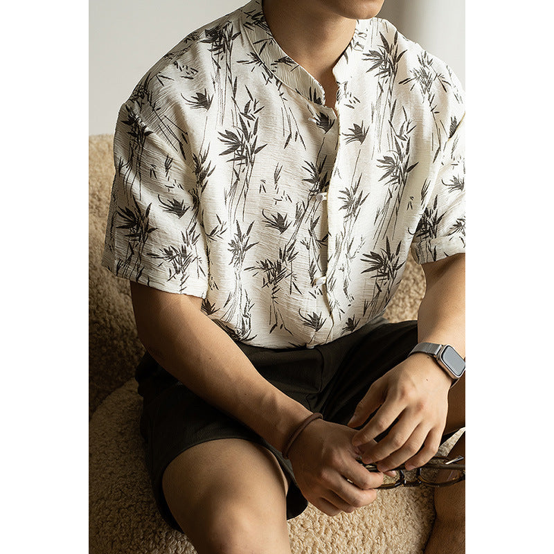 Herren Sommer T-Shirt mit Bambusblattmuster – Kurzarm Lockerer Schnitt