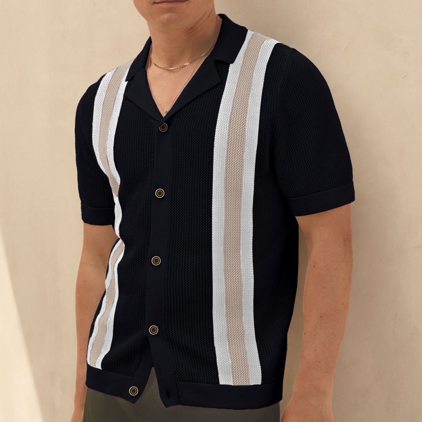 Herren Sommer Farbblock Kurzarm Strickcardigan Mit Kubanischem Kragen, Strickmuster