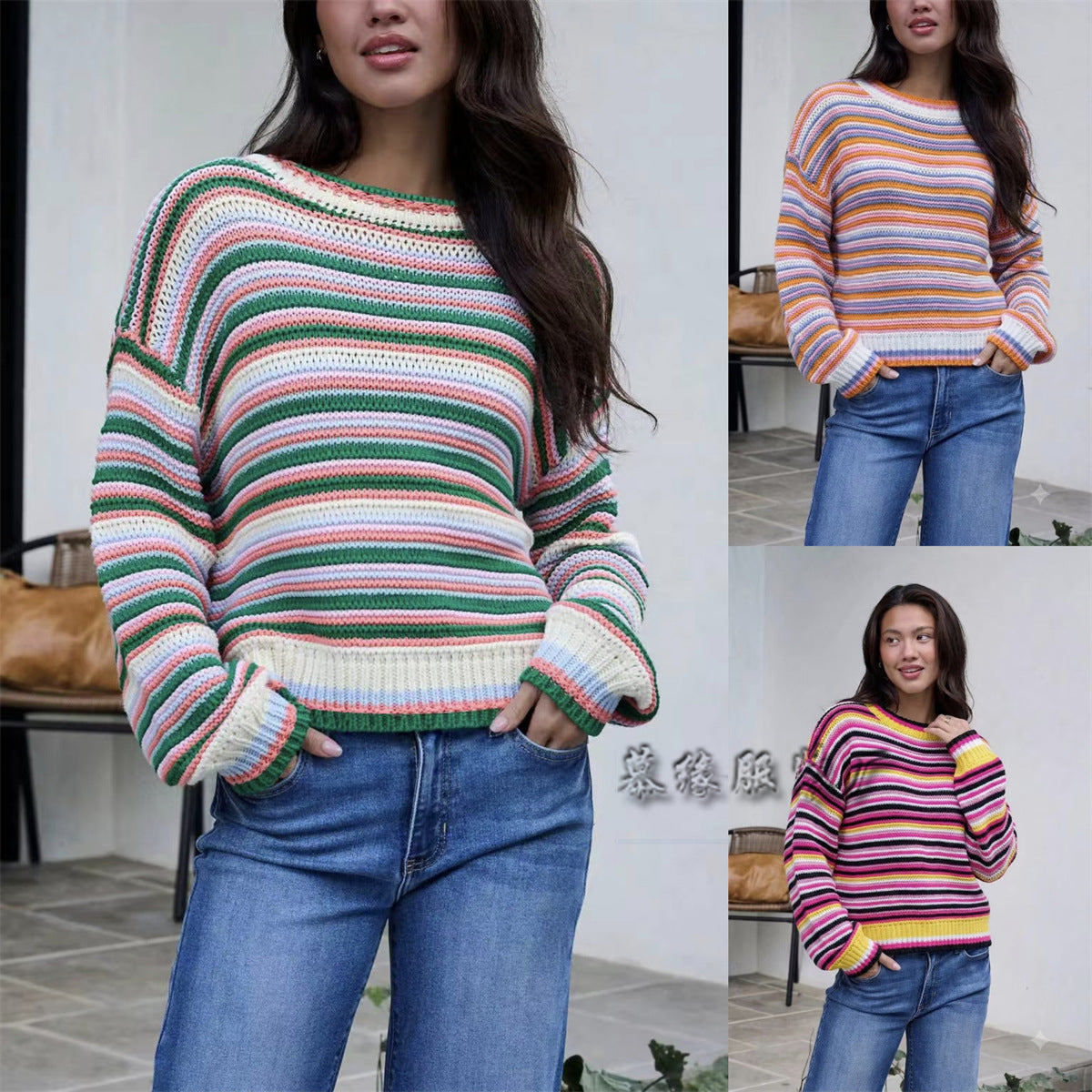 Damen-Strickpullover mit Streifen und klassischem Rundhalsausschnitt