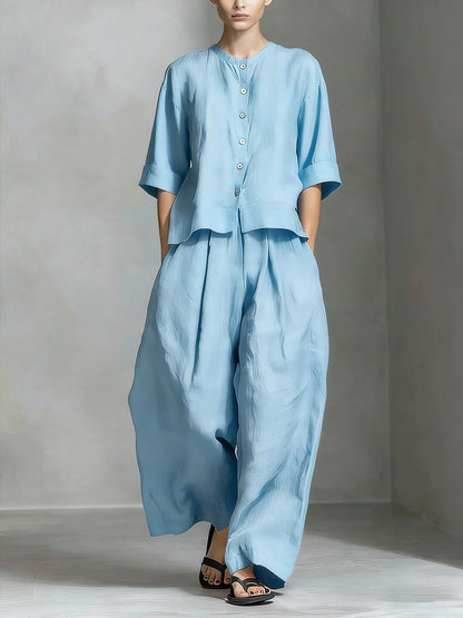 Zweiteiliges Set Aus Damenbluse Im Leinenstil Aus Baumwollmischgewebe Und Locker Sitzender Langer Hose