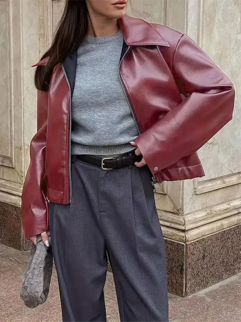 Damen Herbstjacke Bordeaux Mit Reißverschluss Vorne