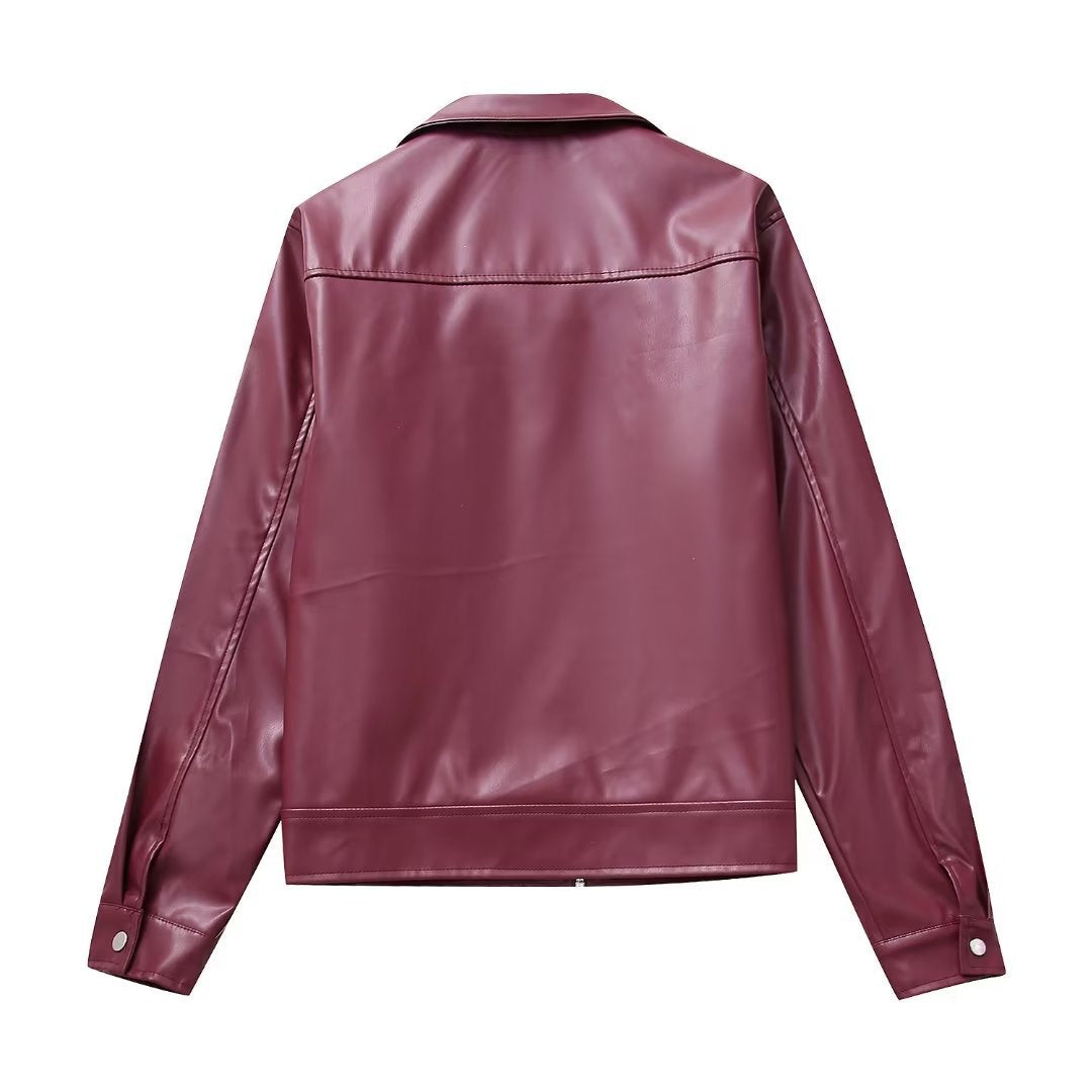 Women's biker jacket with lapel collar and front zipper