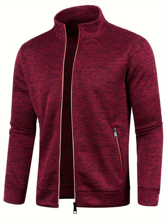 Rote Herren-Sweatjacke mit Reißverschluss, Stehkragen und Seitentaschen. Modische Freizeitjacke, ideal für Herbst und Winter.
