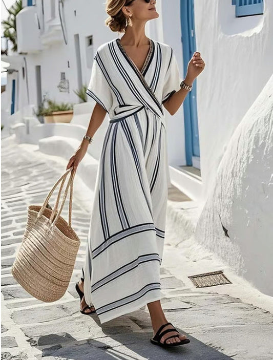 Sommerliches, Gestreiftes Boho-Maxikleid Für Damen Mit Kurzen Ärmeln Und V-Ausschnitt – Perfekt Für Strand Und Sommer.