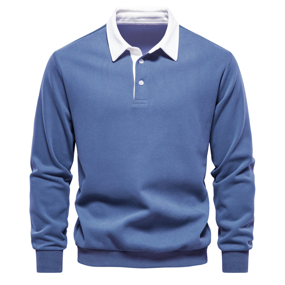 Blauer Herren-Pullover mit weißem Kragen, Langarm, klassisches Design, ideal für Freizeit und Büro, stilvolle Herrenmode.