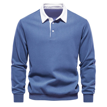 Blauer Herren-Pullover mit weißem Kragen, Langarm, klassisches Design, ideal für Freizeit und Büro, stilvolle Herrenmode.
