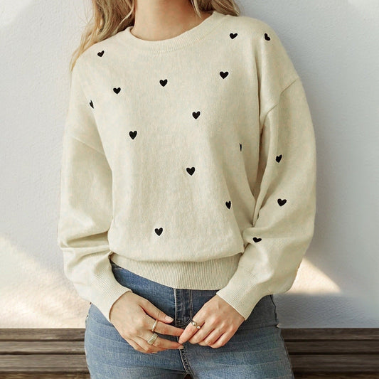 Damen Pullover mit Herzmuster, Rundhalsausschnitt und langen Ärmeln