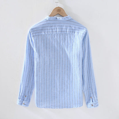 Men's Long-Sleeve Shirt with Standing Collar, Double Pockets, and Stripes