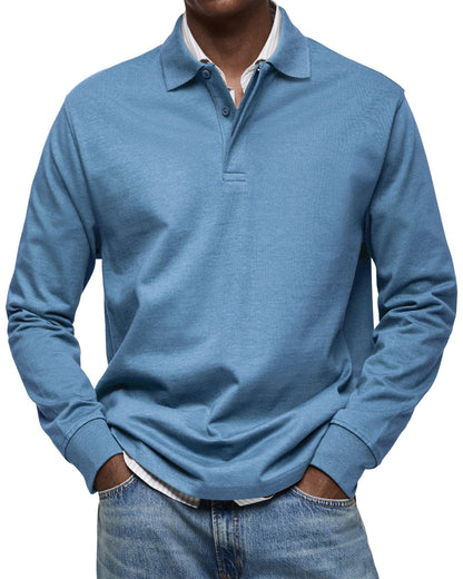 Men's Long-Sleeve Polo Shirt with Structured Collar and Button Placket