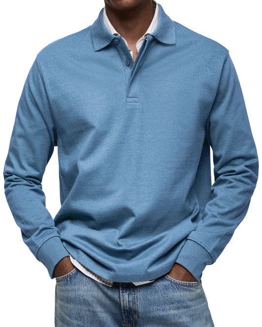 Men's Long-Sleeve Polo Shirt with Structured Collar and Button Placket