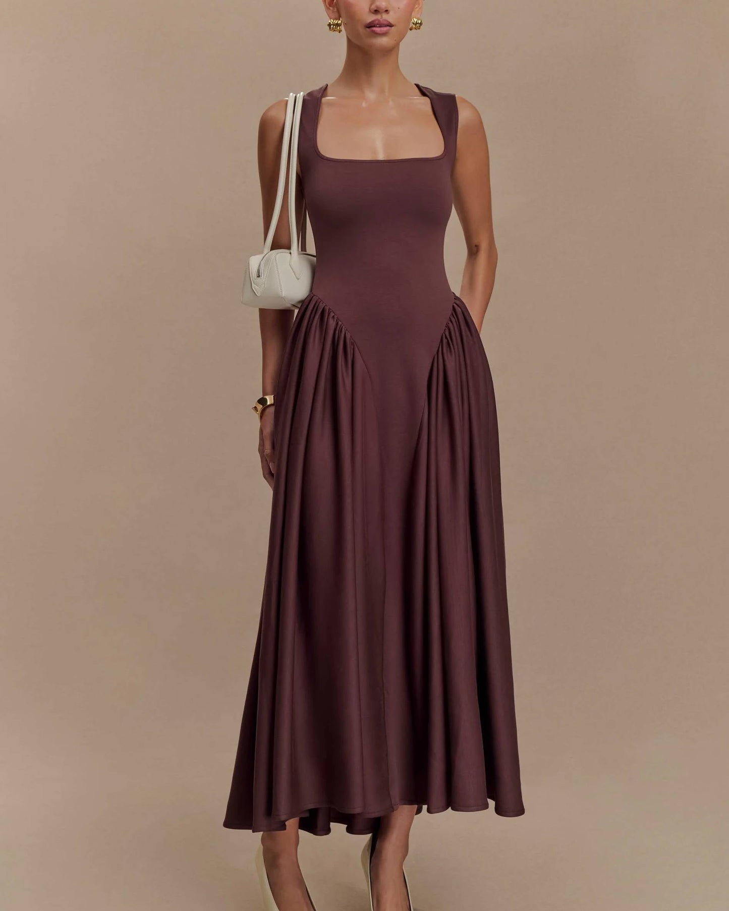 Damen Midikleid mit Karree Ausschnitt – Faltendetails Taillierte Silhouette