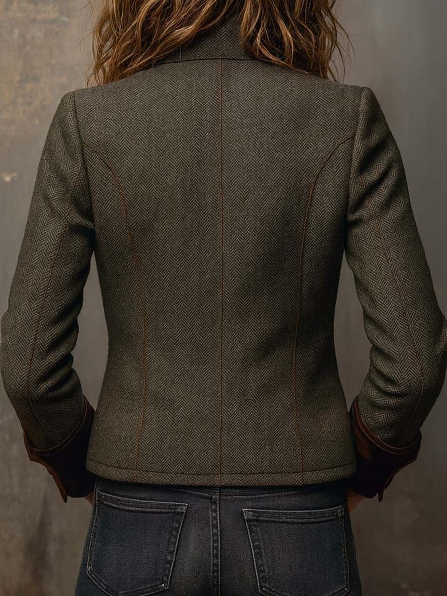 Women's autumn blazer herringbone tweed with velvet collar and metal buttons