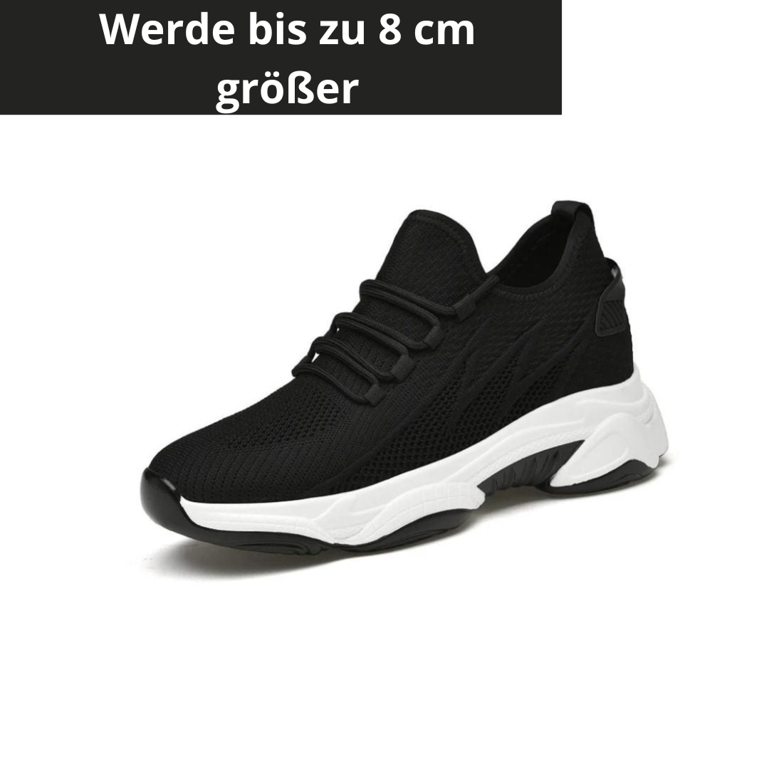 Schwarzer Sneaker mit weißer Sohle, erhöht um bis zu 8 cm, modisches Design, atmungsaktives Material, ideal für Komfort und Stil.