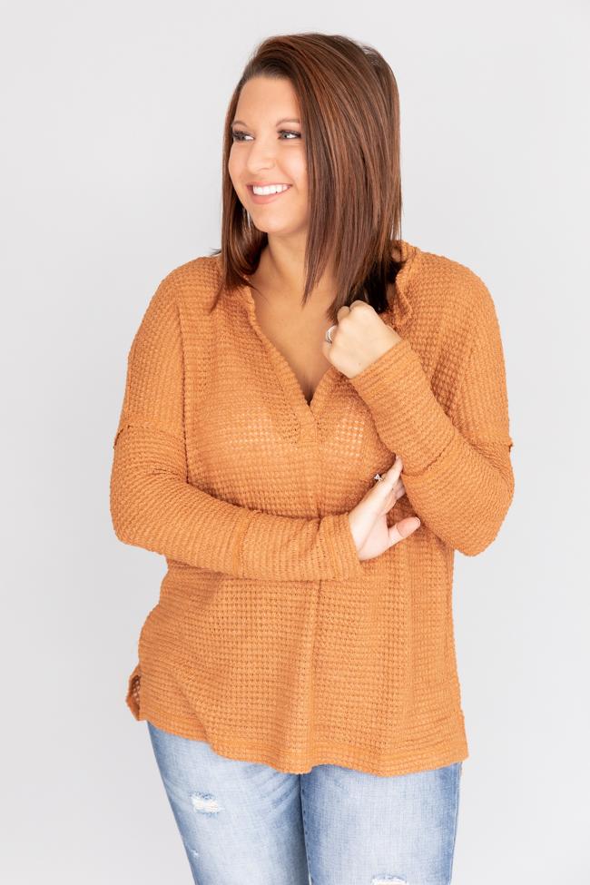 Damen-Winterbluse mit Waffelstrick, langen Ärmeln und Taschen-Detail