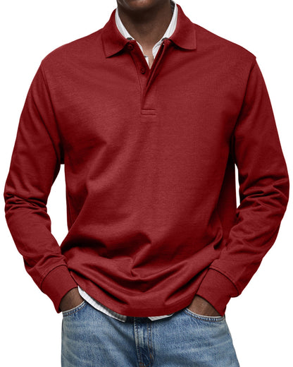 Men's Long-Sleeve Polo Shirt with Structured Collar and Button Placket