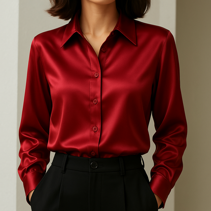 Women's satin blouse with button placket and cuffed sleeves