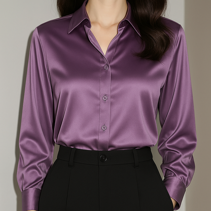 Women's satin blouse with button placket and cuffed sleeves