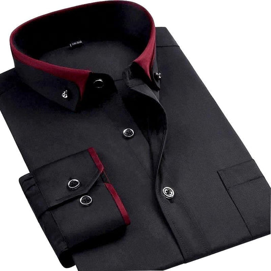 Schwarzes Herrenhemd mit rotem Kragen und Manschetten, elegantes Design, Knopfleiste, langärmlig, ideal für formelle Anlässe.