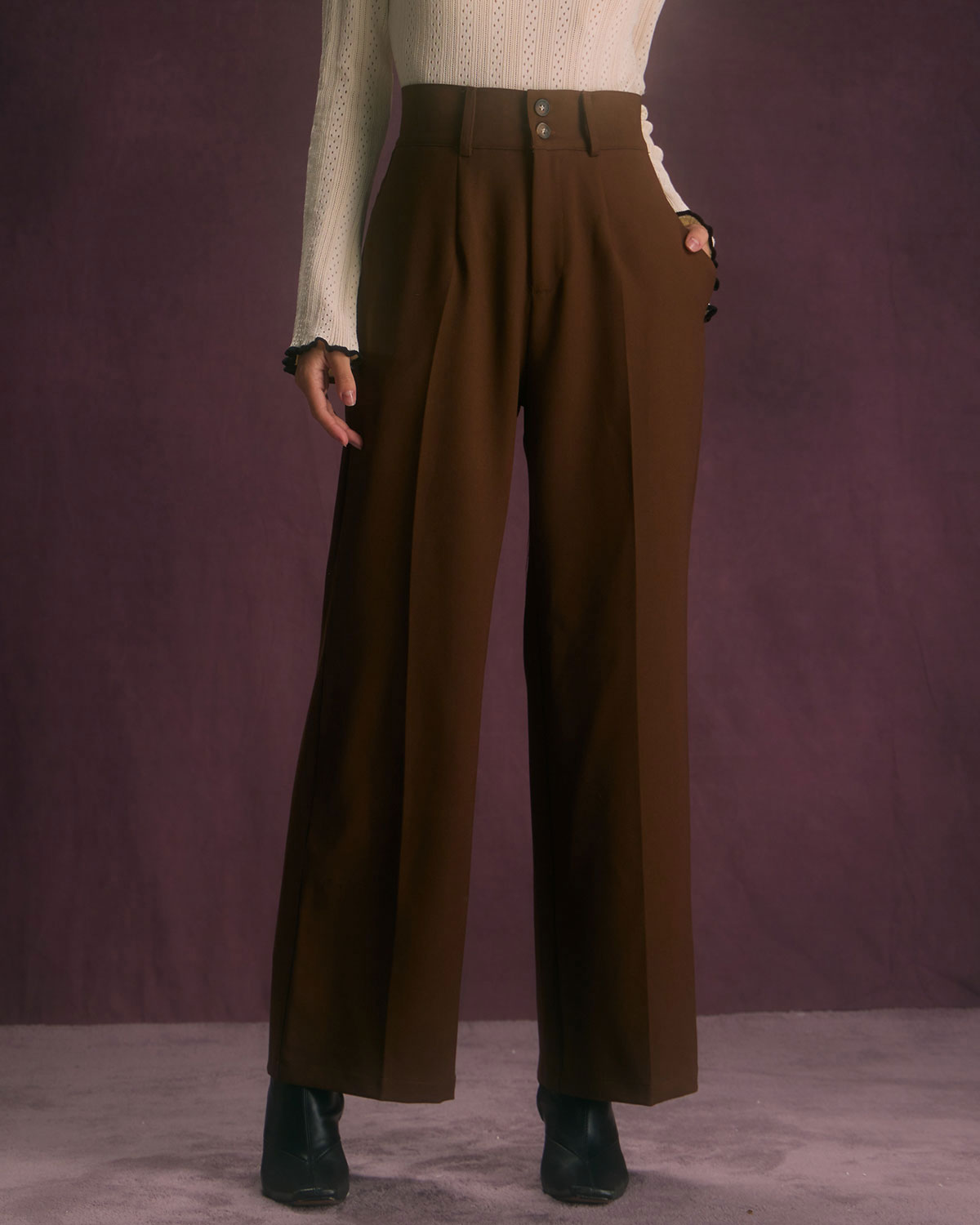 Women's High-Waist Trousers with Straight Cut Leg, Slant Pockets, and Button Closure