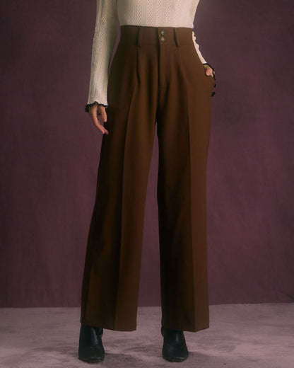 Women's High-Waist Trousers with Straight Cut Leg, Slant Pockets, and Button Closure