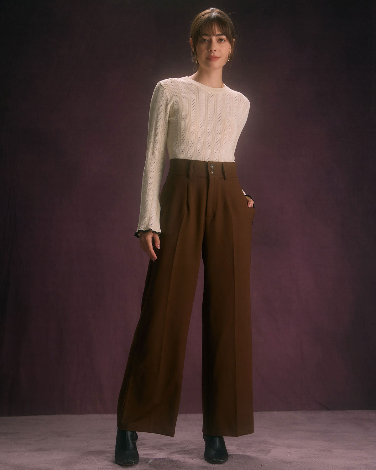 Women's High-Waist Trousers with Straight Cut Leg, Slant Pockets, and Button Closure