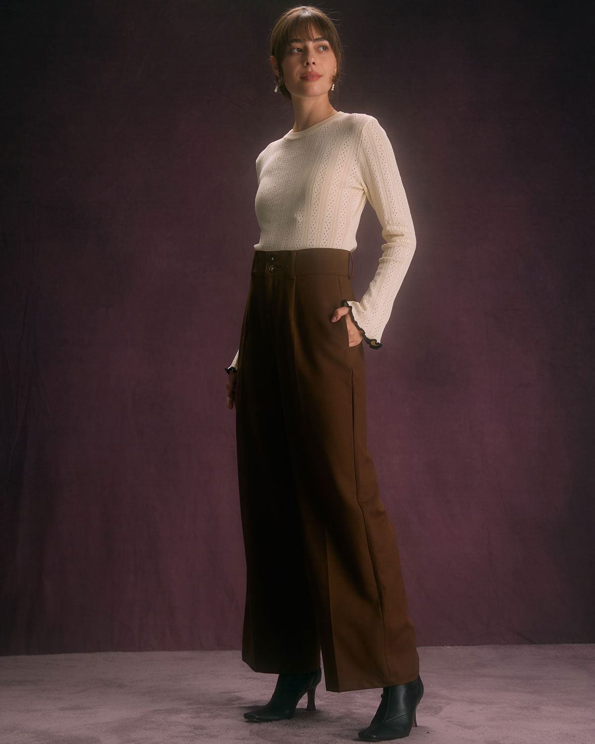 Women's High-Waist Trousers with Straight Cut Leg, Slant Pockets, and Button Closure