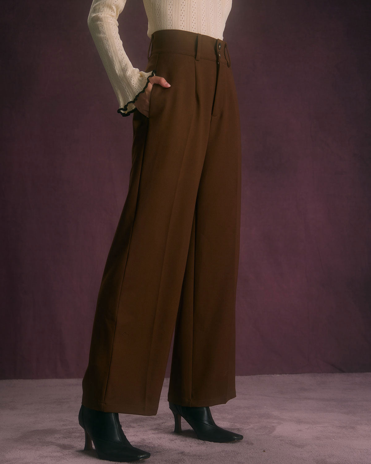 Women's High-Waist Trousers with Straight Cut Leg, Slant Pockets, and Button Closure