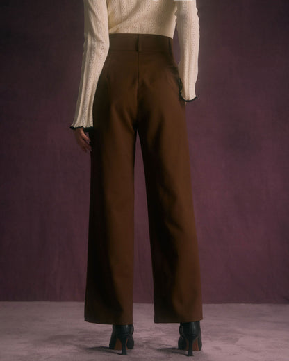 Women's High-Waist Trousers with Straight Cut Leg, Slant Pockets, and Button Closure