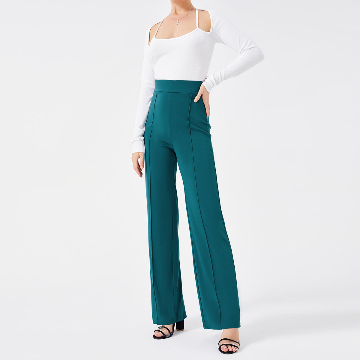 Damen Hochtaillen-Slim-Schlaghose in Unifarbe