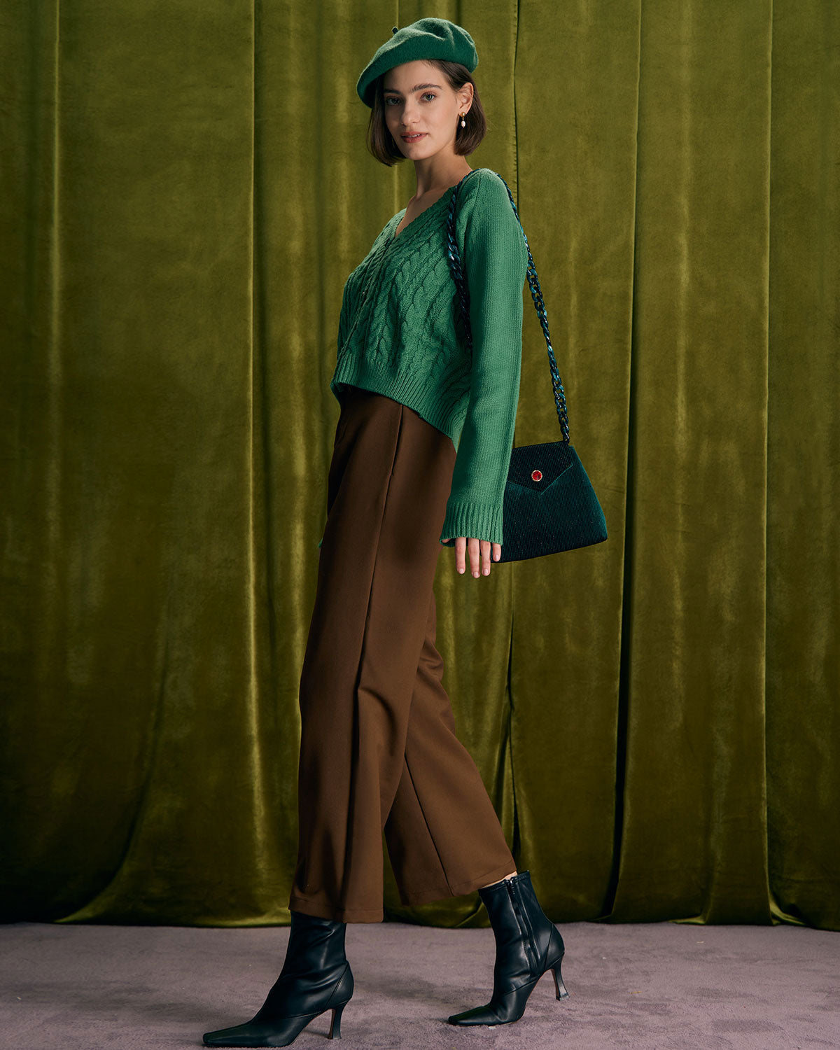 Women's High-Waist Trousers with Straight Cut Leg, Slant Pockets, and Button Closure