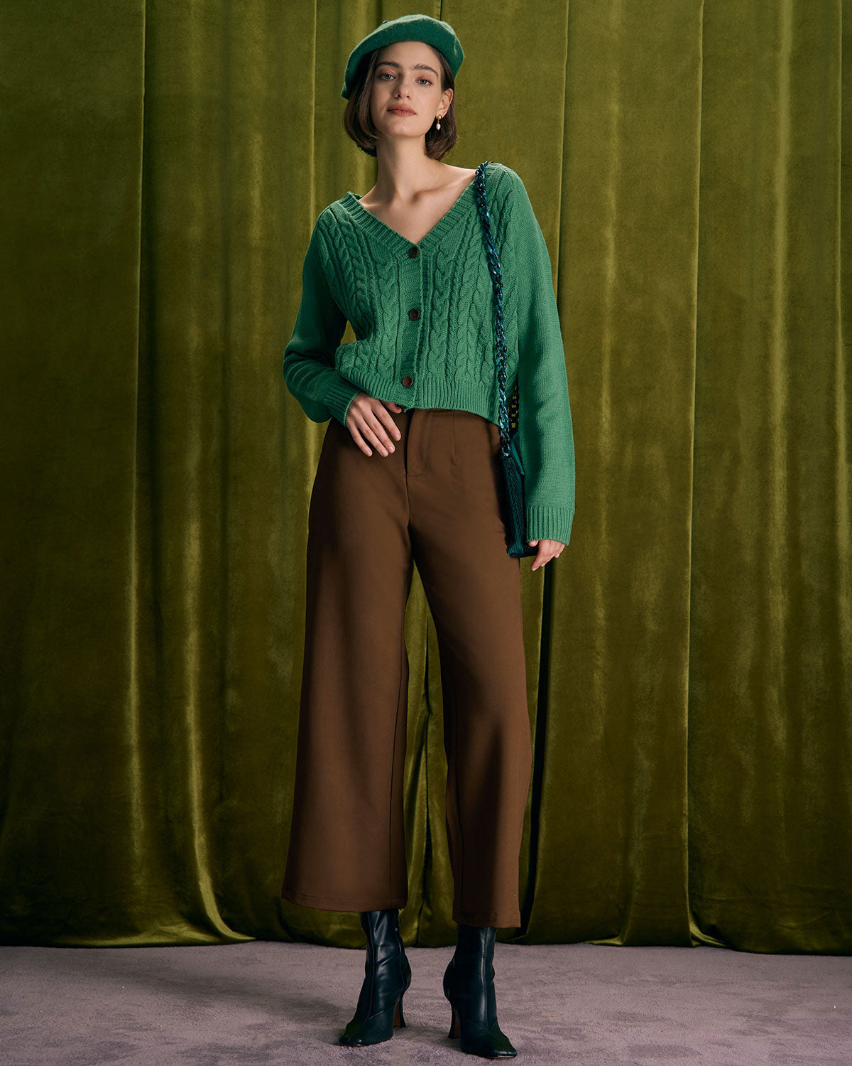 Women's High-Waist Trousers with Straight Cut Leg, Slant Pockets, and Button Closure