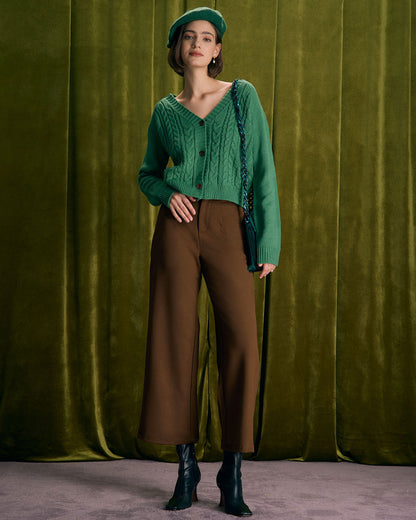 Women's High-Waist Trousers with Straight Cut Leg, Slant Pockets, and Button Closure