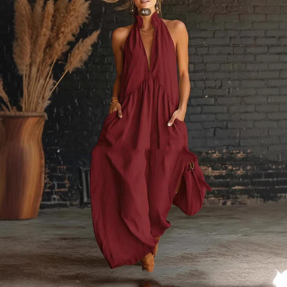 Damen-Kleid Im Resort-Stil Mit Stehkragen Und Knopfleiste – Baumwoll-Leinen-Mischgewebe
