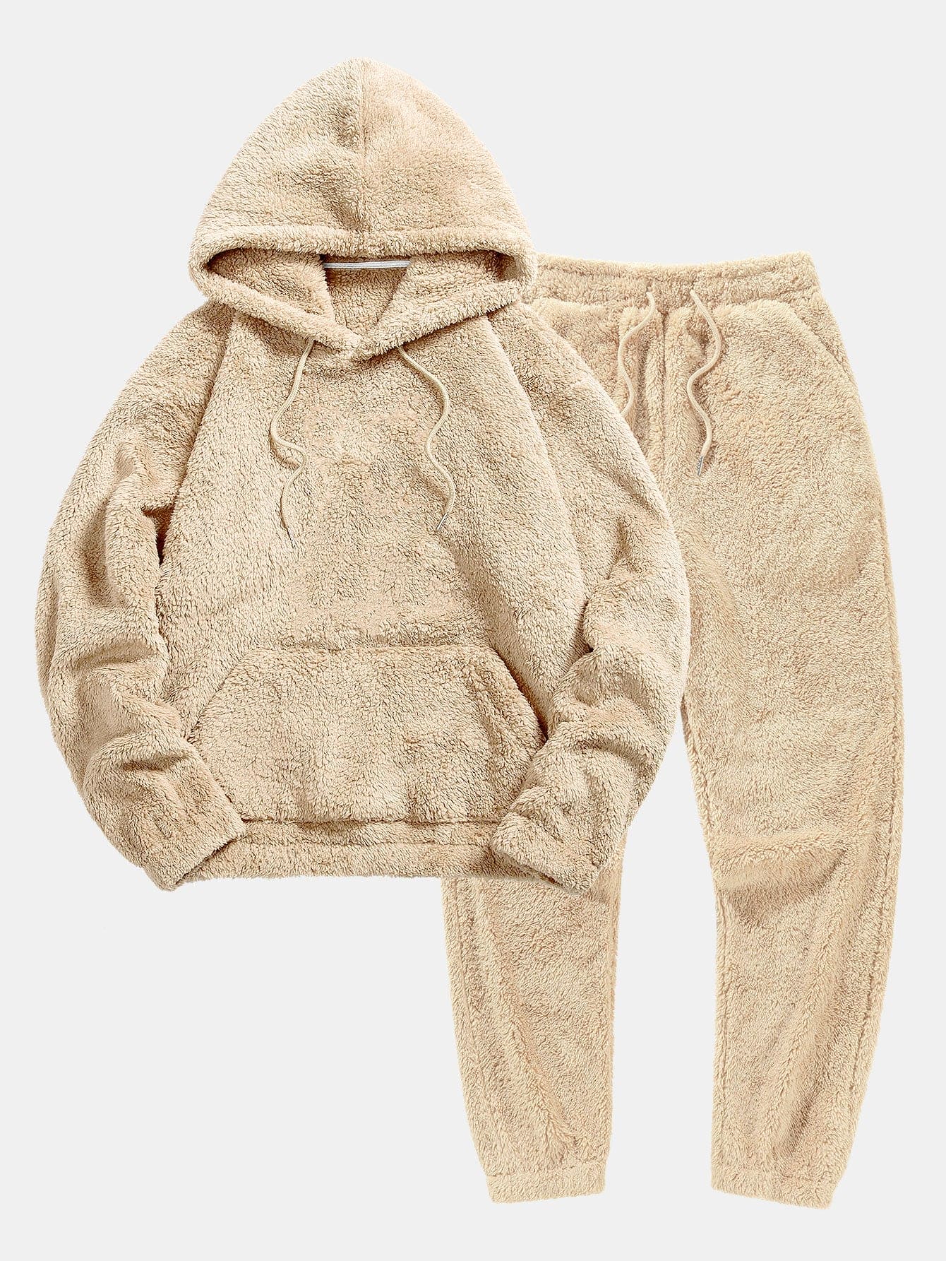 Beige Damen Teddy-Fleece Jogginganzug mit Kapuze und Kordelzug, gemütlich und warm, ideal für Freizeit und Sport, modischer Zweiteiler.