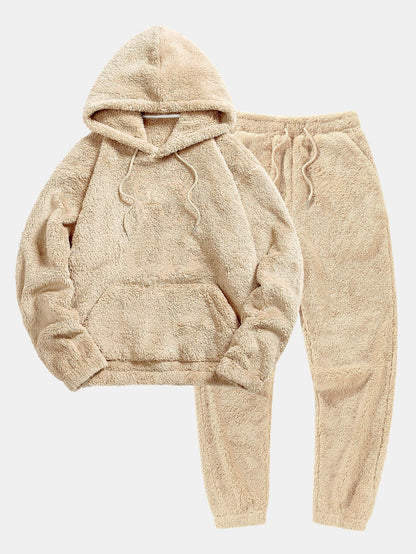 Beige Damen Teddy-Fleece Jogginganzug mit Kapuze und Kordelzug, gemütlich und warm, ideal für Freizeit und Sport, modischer Zweiteiler.